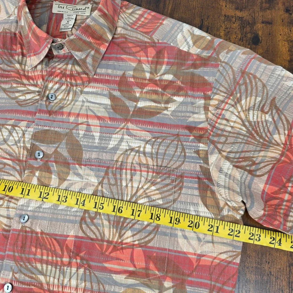 Tori Richard Men's M Cotton Lawn‎ Tropical Leaf Print Button Up Shirt Red Biege
